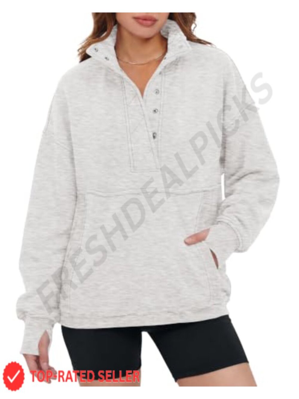 Oversized Henley Sweatshirt Button Neck Kangaroo Pocket Pullover